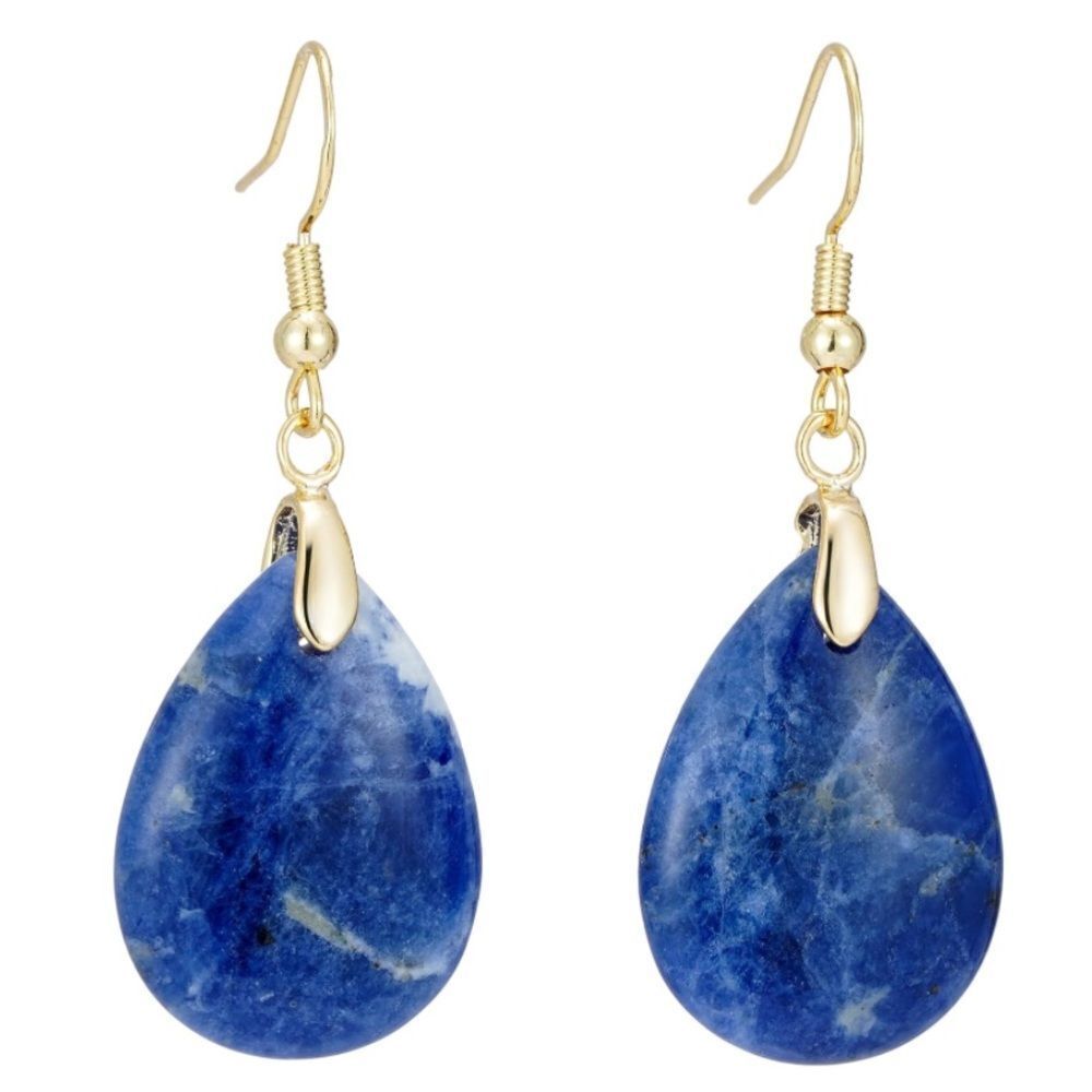 18K Yellow Gold with Natural Green Vein Blue Agate Stone Dangling Hook Earrings